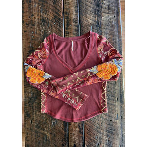 Free People Burgundy  Floral Long-Sleeved Embroidered  Amara Thermal/Henley/Top